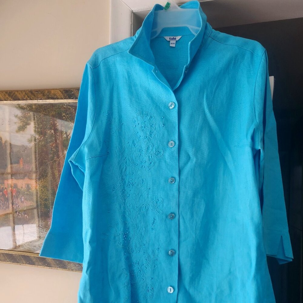G22 Vintage Tabi Embroidered & Beaded Turquoise  - 100 Heavy linen - 28 x 22 w